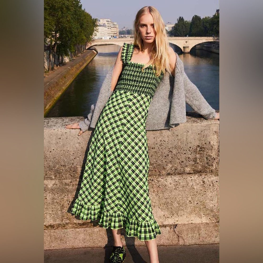 GANNI Seersucker Check Maxi Dress in green - Picture 5 of 13